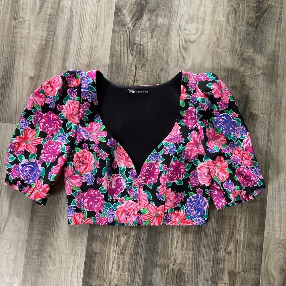 Zara womens Multicolor Puff Sleeve Crop Top Blouse XS - Picture 2 of 6